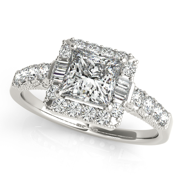 White Gold Engagement Ring Extravagantly Beaded Princess Cut Diamond Halo