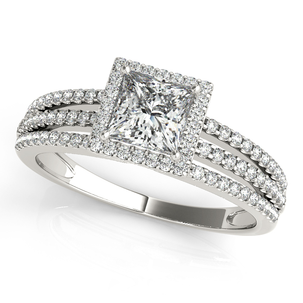 White Gold Engagement Ring Triplet Side Stone with Square Halo