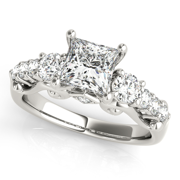 White Gold Engagement Ring Princess Cut Three Stone with Round Accents