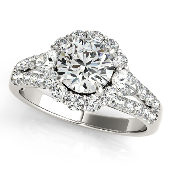 White Gold Engagement Ring Pear Shaped Accent Diamond with Round Halo