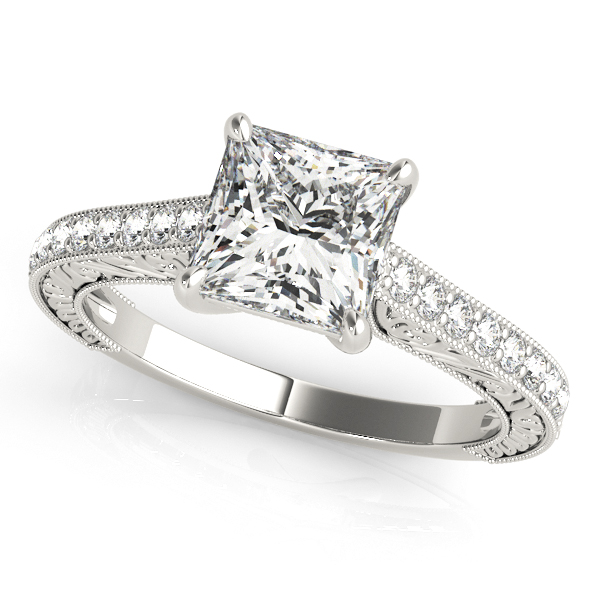 White Gold Engagement Ring Trellis Vintage Princess Cut Side Stones & Filigree