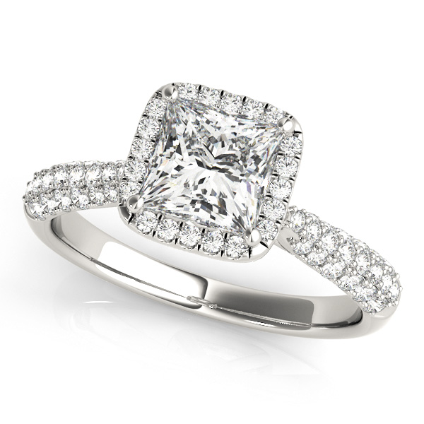 White Gold Engagement Ring Princess Cut Halo Pave Side Stones