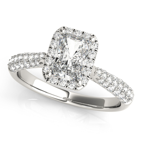 White Gold Engagement Ring Emerald Cut with Diamond Halo & Pave Setting