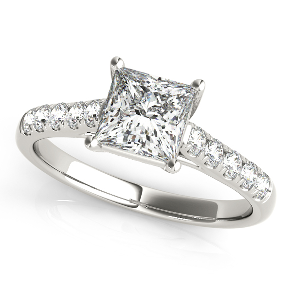 White Gold Engagement Ring Stylish Trellis Crown Diamond with Side Stones