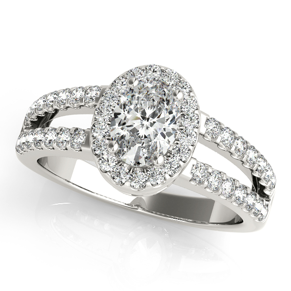White Gold Engagement Ring Split Shank Duet Side Stone Oval Cut Halo Diamond