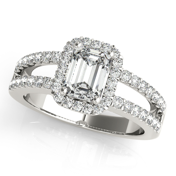 White Gold Engagement Ring Emerald Cut Halo with Split Shank