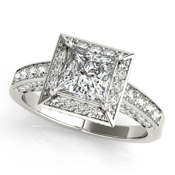 White Gold Engagement Ring Luxury Princess Cut Side Stone Halo Diamond