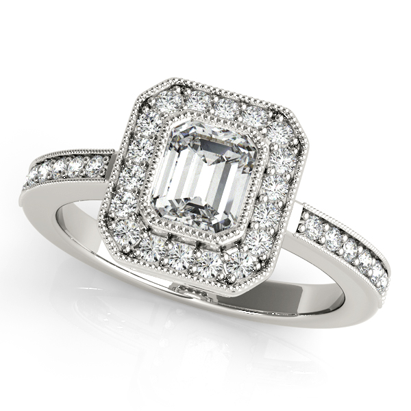 White Gold Engagement Ring Emerald Cut Halo with Side Stones