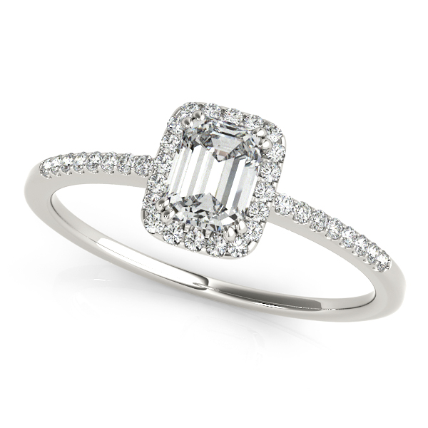 White Gold Engagement Ring Good-Looking Side Stone with Emerald Cut Halo