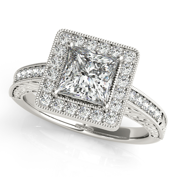 White Gold Engagement Ring Bold Square Halo Pretty Princess Cut Diamond