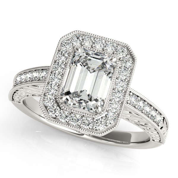 White Gold Engagement Ring Luxury Emerald Cut Halo Filigree Diamond