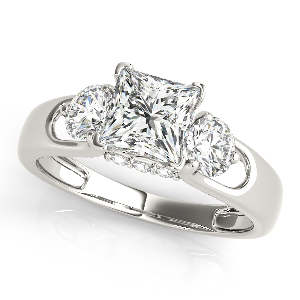 White Gold Engagement Ring Princess Cut Three Stone Round Cut Accents